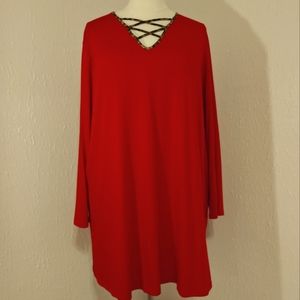 Southern Stitch Long Sleeve Red Dress w/Animal Print Criss Cross Neckline